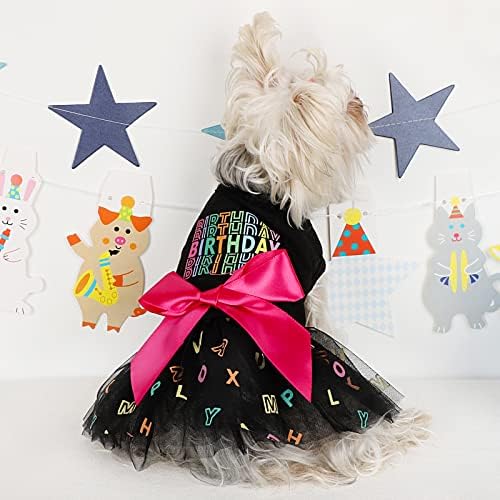 שמלת כלבים בגדי יום הולדת לכלבים בינוניים קטנים, הדפס שמלות רשת אלף -בית צבעוניות בגדי כלב בנות, קיץ